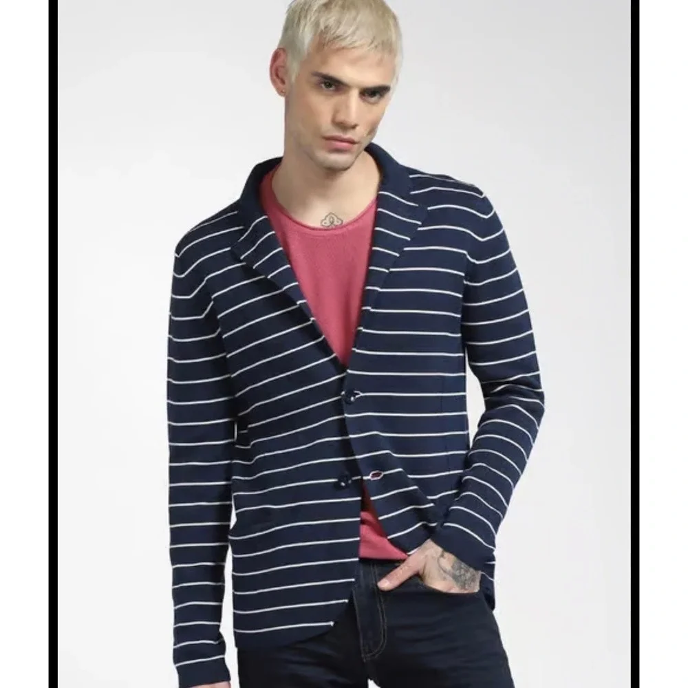 Jack & Jones Blazer‎ Mens S Blue White Stripe Knit Slim Preppy Minimalist Career